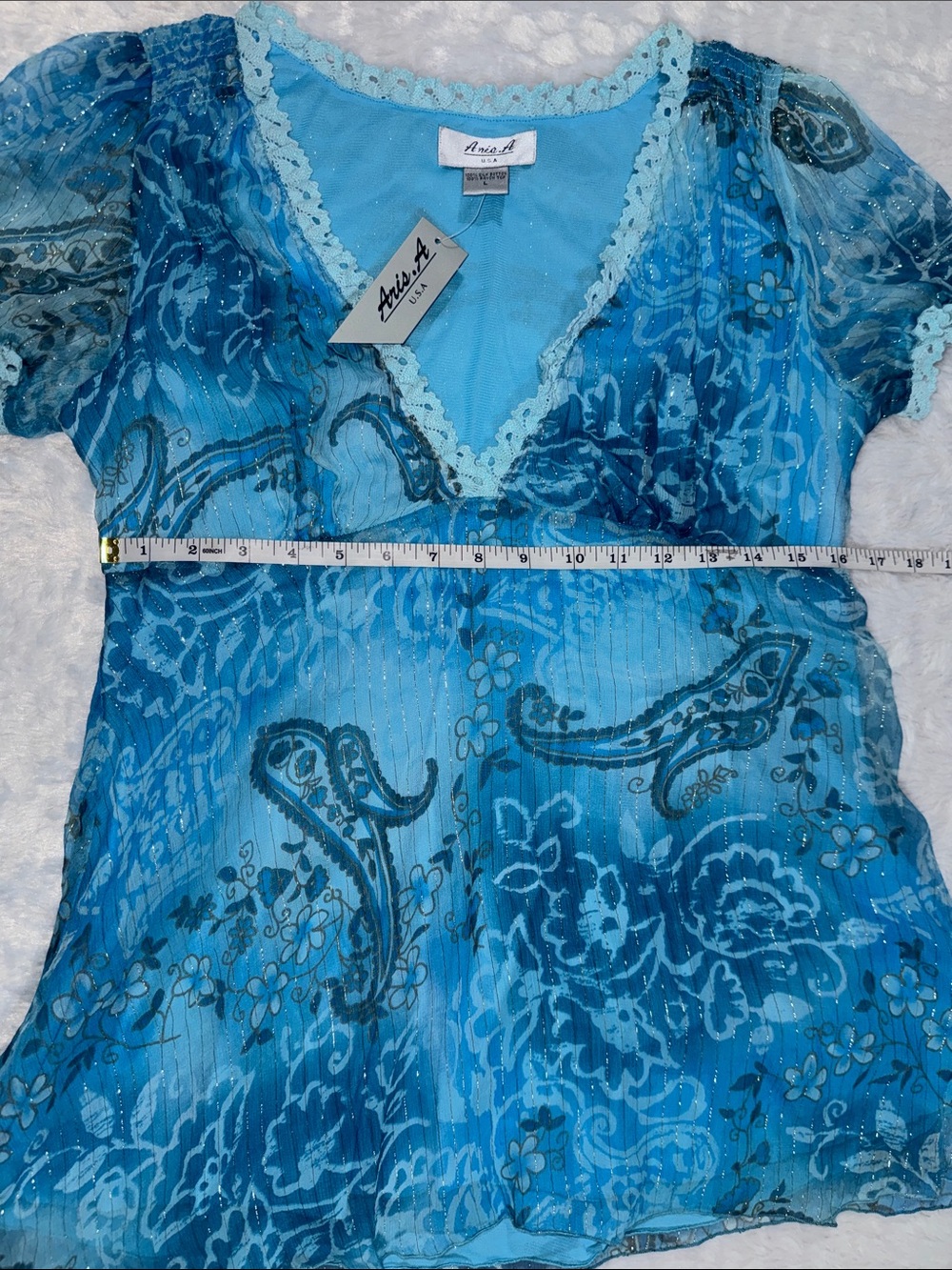 Aris.A NWT 100% Silk Bottom Blue & Turquoise Paisley V-Neck Sheer Blouse - Picture 5 of 10